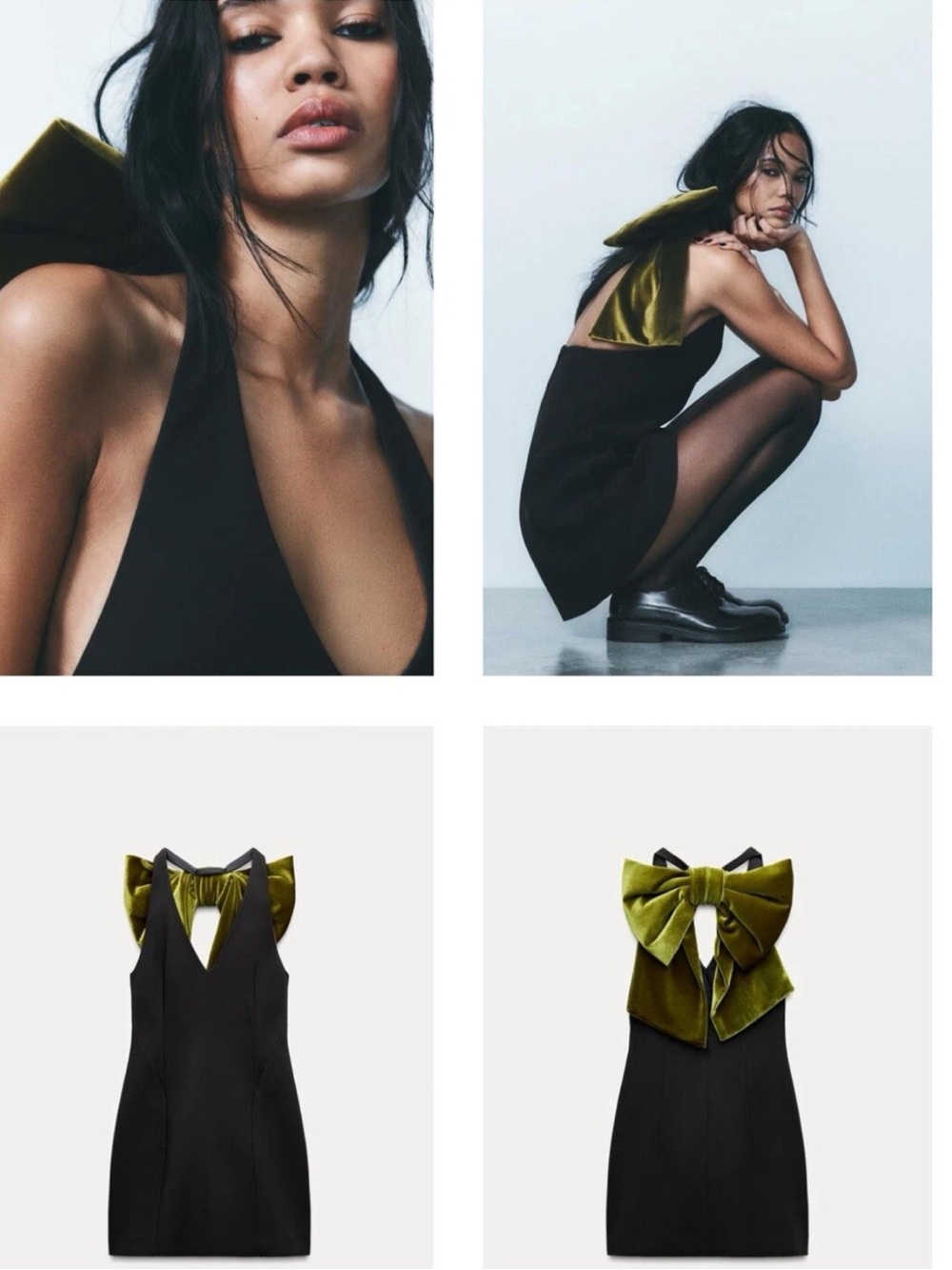 NWT Zara Black Mini Dress with Olive Green Bow